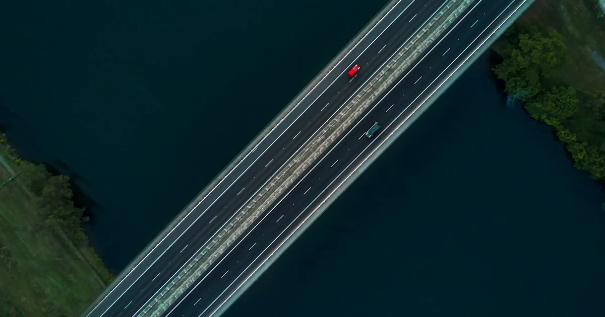 A motorway bridge over water seen from above, for the A7 drive to Bacău