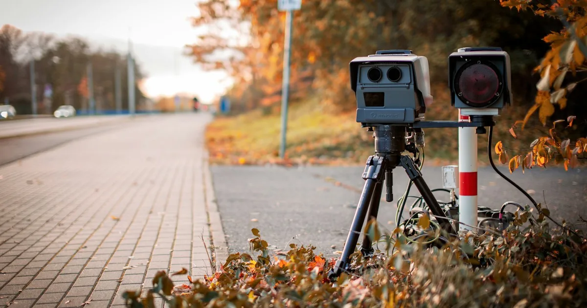 A mobile speed camera on a tripod by the road, like Romania's e-SIGUR units